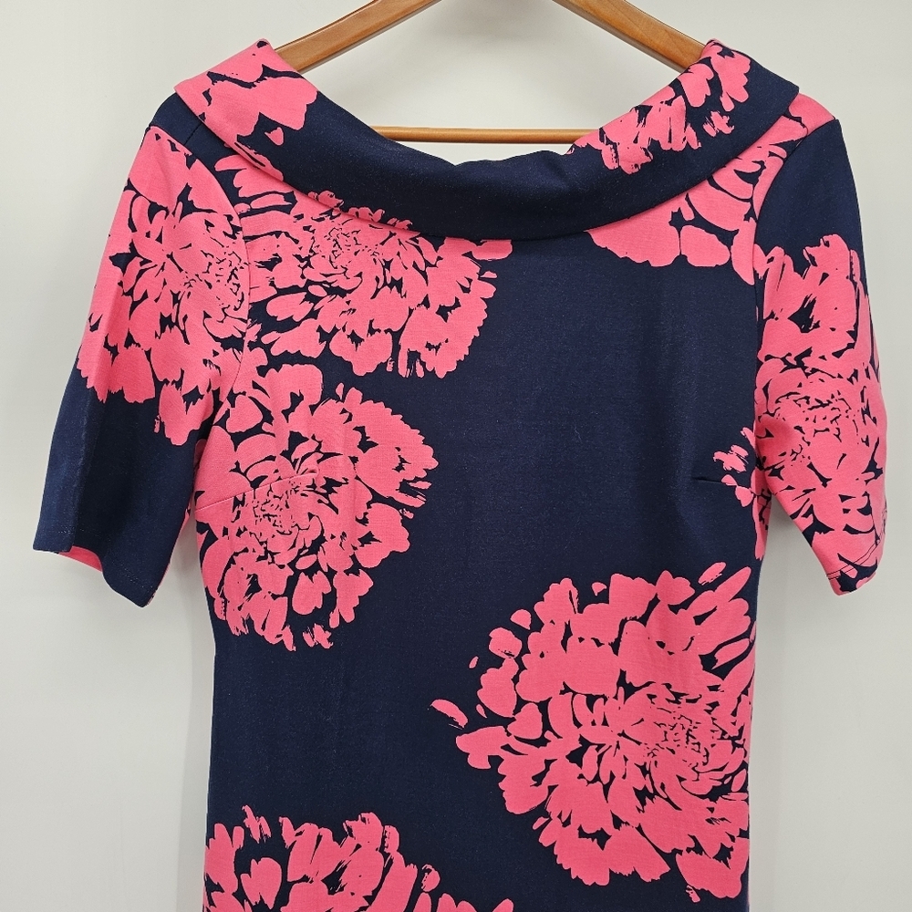 Trina Turk Navy & Pink Floral Ponte Knit Dress Mod Womens Size 8 - Picture 4 of 6